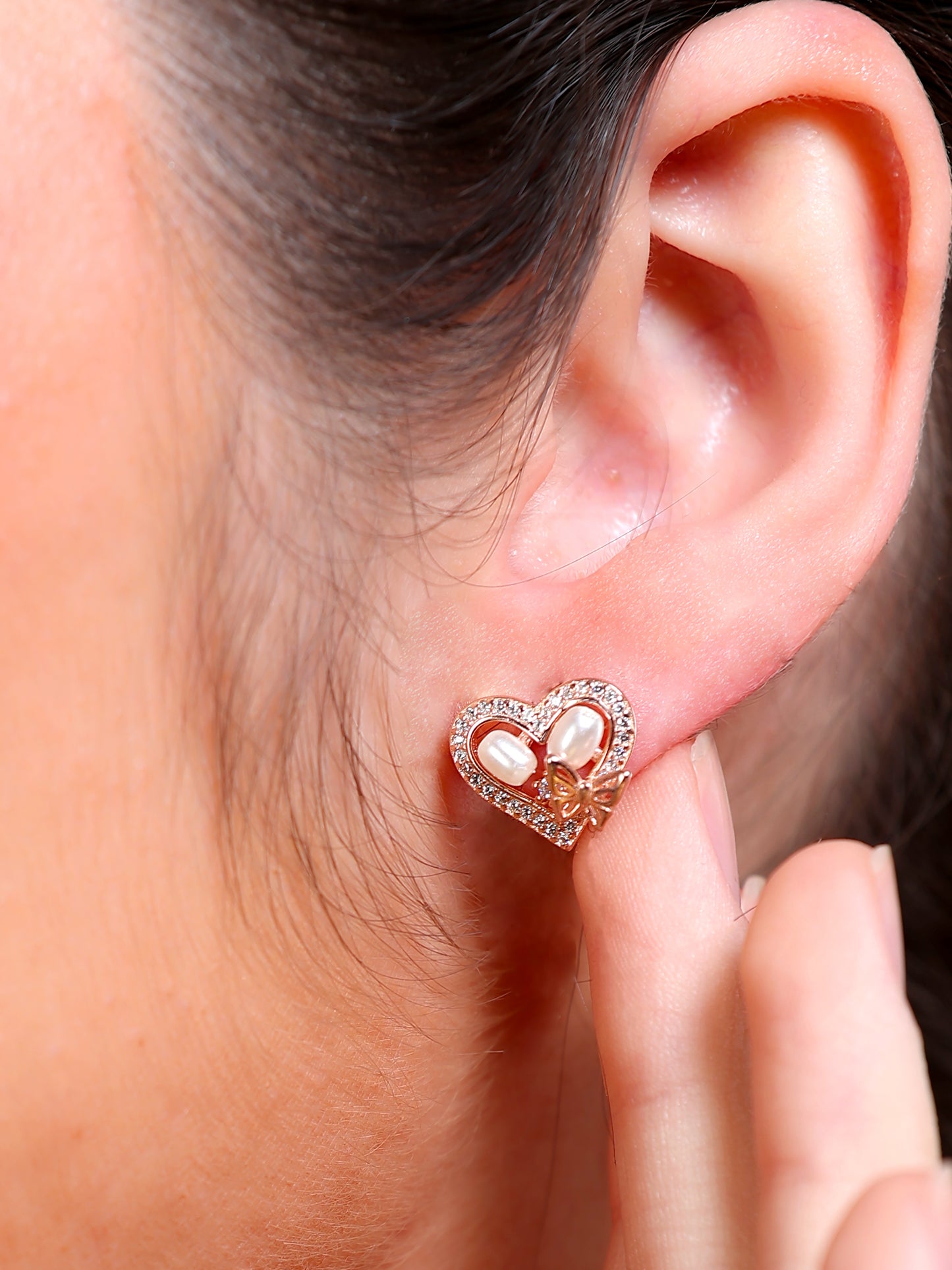 Pearl Butterfly Heart Stud Earrings