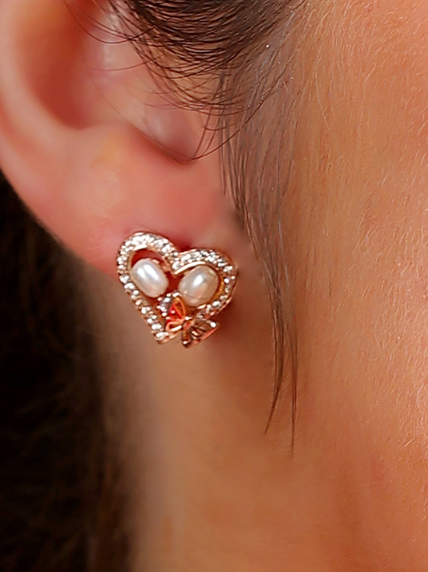 Pearl Butterfly Heart Stud Earrings