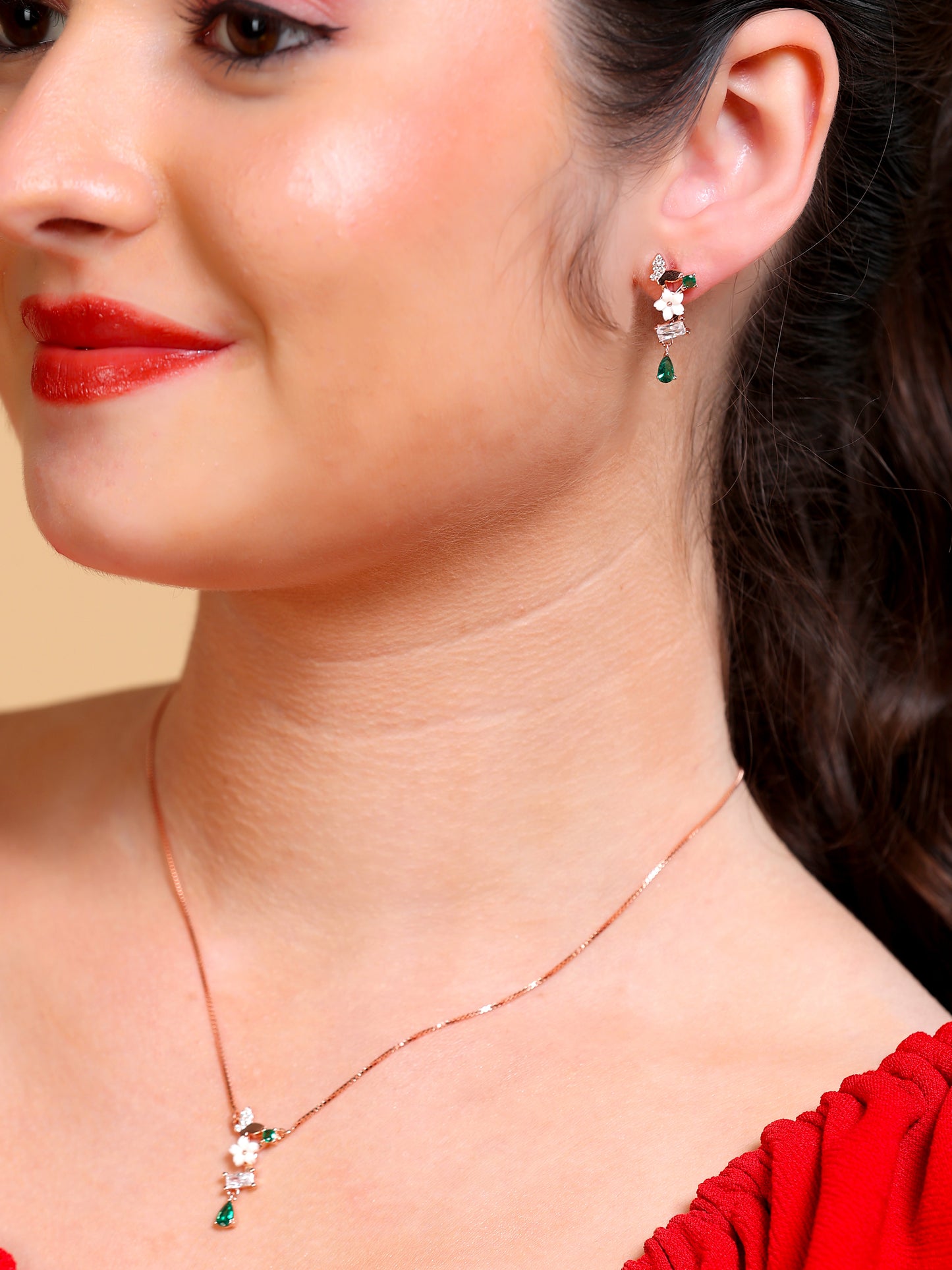 Emerald Floral Drop Earrings & Necklace Set
