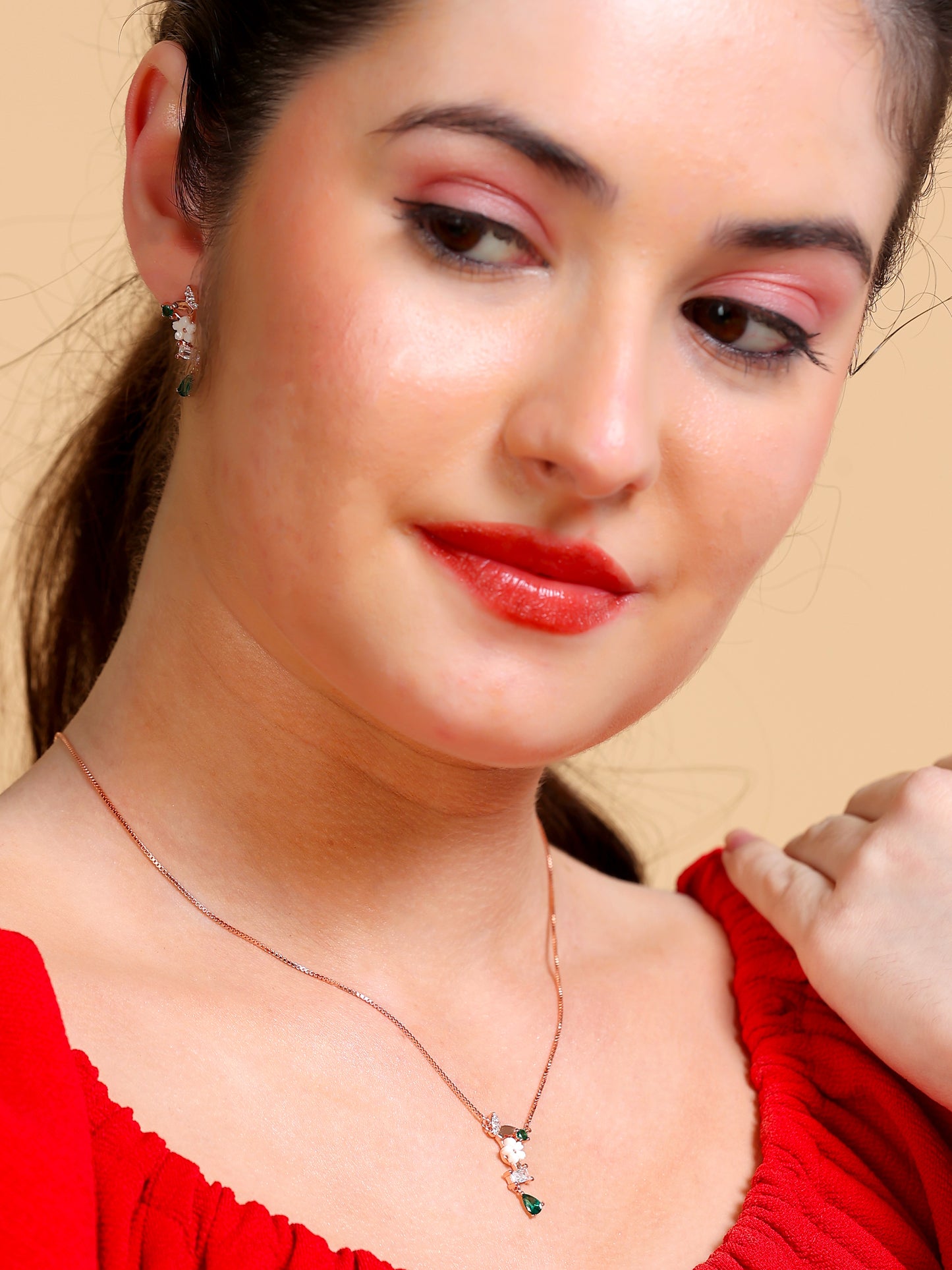 Emerald Floral Drop Earrings & Necklace Set