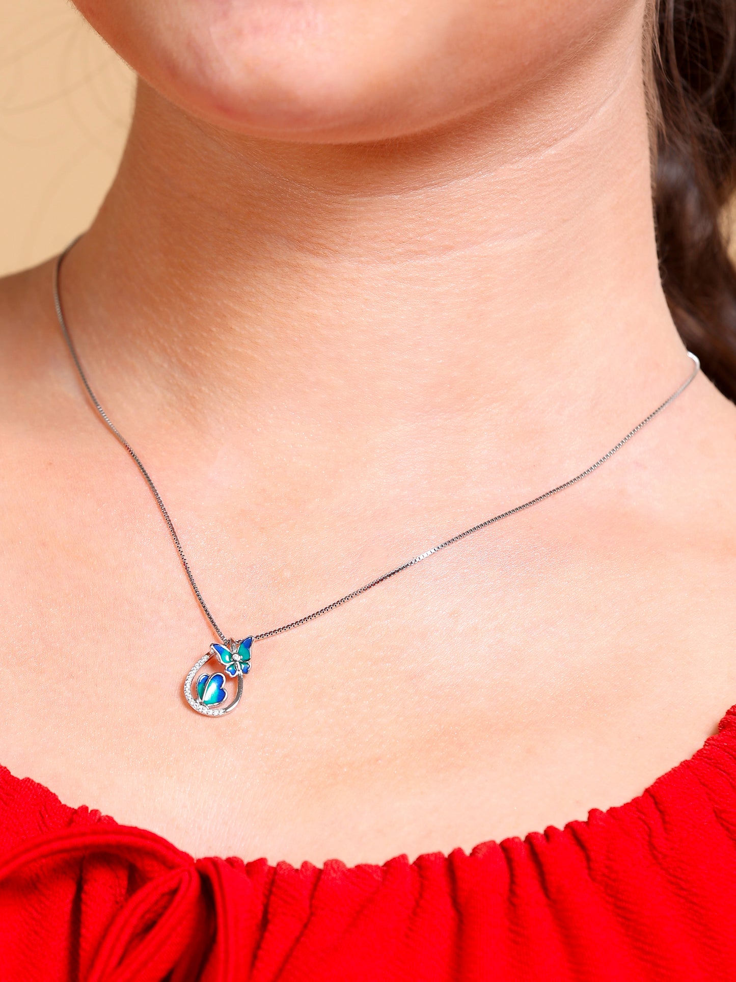 Enamel Butterfly Crescent Pendant Necklace