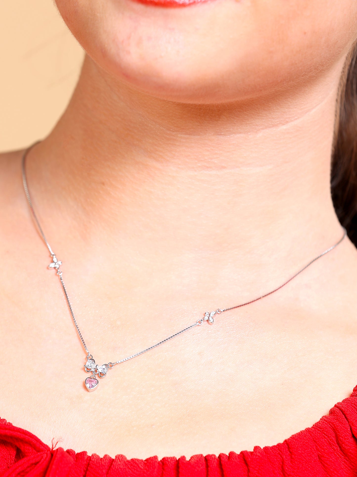 Pink Heart Crystal Bow Pendant Necklace