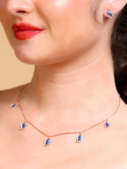 Blue Enamel Butterfly Charm Necklace & Stud Set