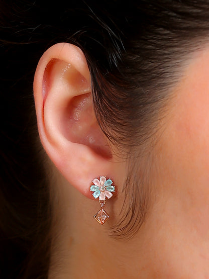 Two-Tone Flower Diamond-Drop Stud Earrings